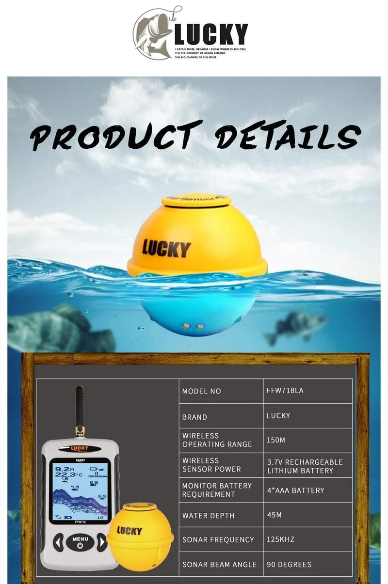Russisches Menü Wireless Sonar Tragbarer Fischfinder Sensor Echolot Alarm Fluss See Meeresboden Live 135ft/45M