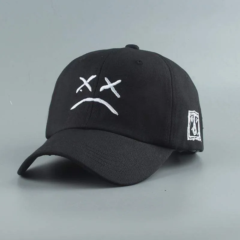 Stickerei 100 % Baumwolle Baseball Cap Trauriges Gesicht Weiß Schwarz Hut Golf Cap Hip Hop Snapback Frauen Männer