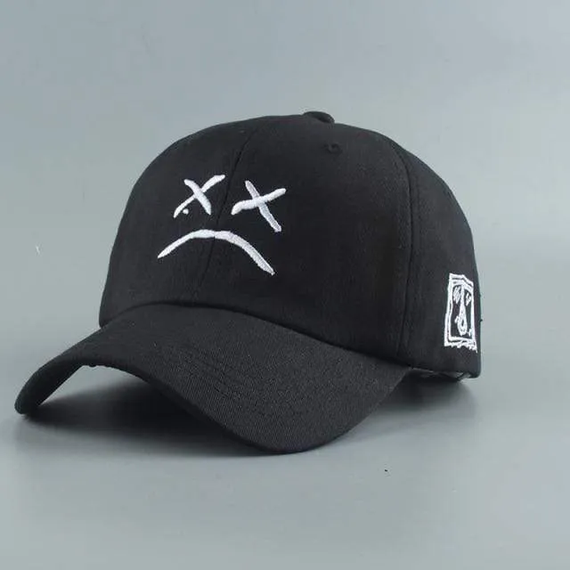 Stickerei 100 % Baumwolle Baseball Cap Trauriges Gesicht Weiß Schwarz Hut Golf Cap Hip Hop Snapback Frauen Männer