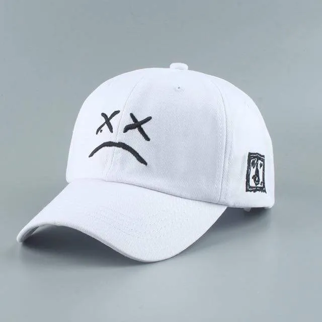 Stickerei 100 % Baumwolle Baseball Cap Trauriges Gesicht Weiß Schwarz Hut Golf Cap Hip Hop Snapback Frauen Männer