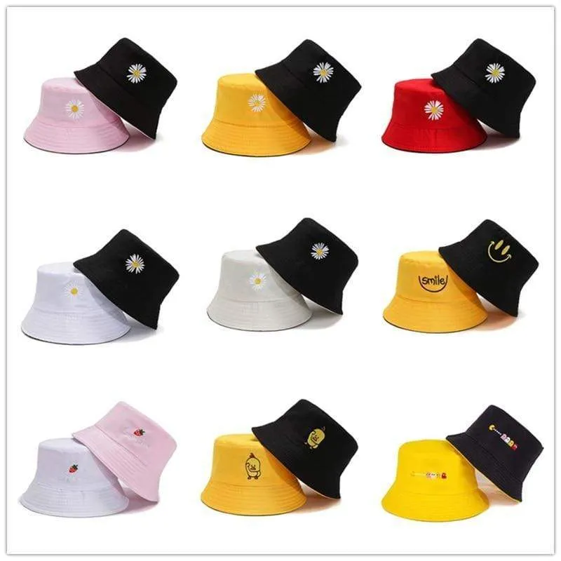 Sommerhüte für Frauen Bob Zweiseitige Unisex Stickerei Bucket Hat Angeln Outdoor Cap Männer Sonnenschutz Hüte Fisherman Chapeau Femme