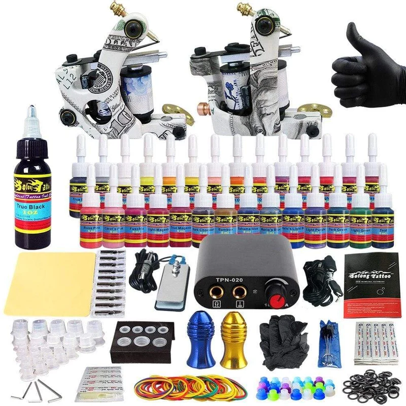 1 Set Tattoo-Set, 28 Tinten, Netzteil, Nadelgriffe, Tipps, komplettes Tattoo-Maschinen-Set für Anfänger, Starter, 2 Profi-Maschinengewehre