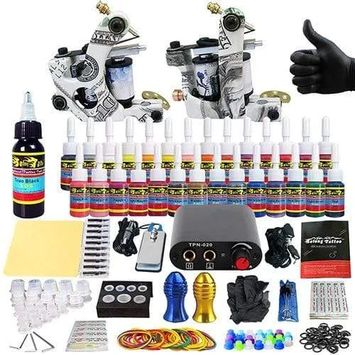 1 Set Tattoo-Set, 28 Tinten, Netzteil, Nadelgriffe, Tipps, komplettes Tattoo-Maschinen-Set für Anfänger, Starter, 2 Profi-Maschinengewehre
