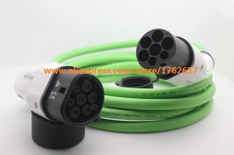 32 A 22 kW EV-Stecker IEC62196 3-Phasen-Ladestation für Elektrofahrzeuge, grünes Kabel vom Typ 2 auf Typ 2, Mennekes-Buchse auf Stecker