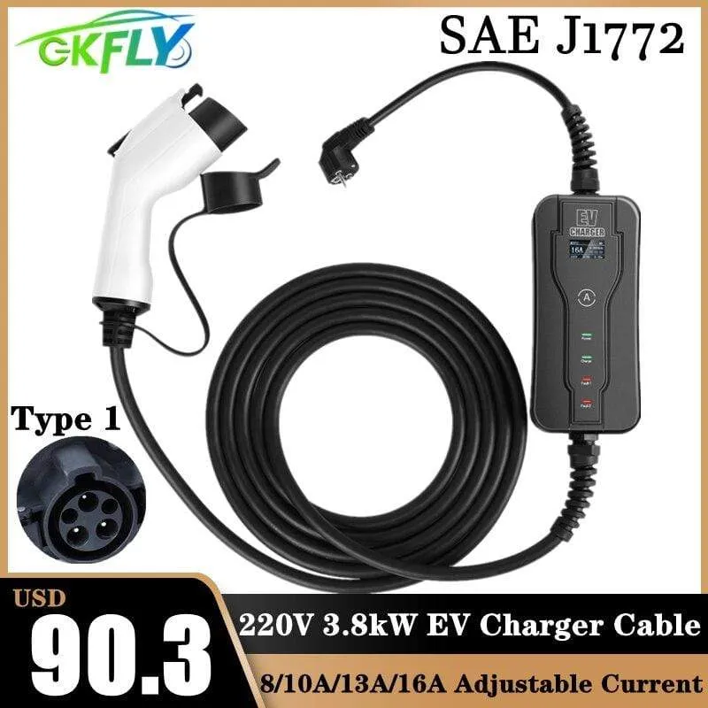 Tragbares 220-V-EV-Ladegerät SAE J1772 Typ 1 EVSE 8A 10A 13A 16A Einstellbarer Strom Elektrische Auto-Ladestation IP65