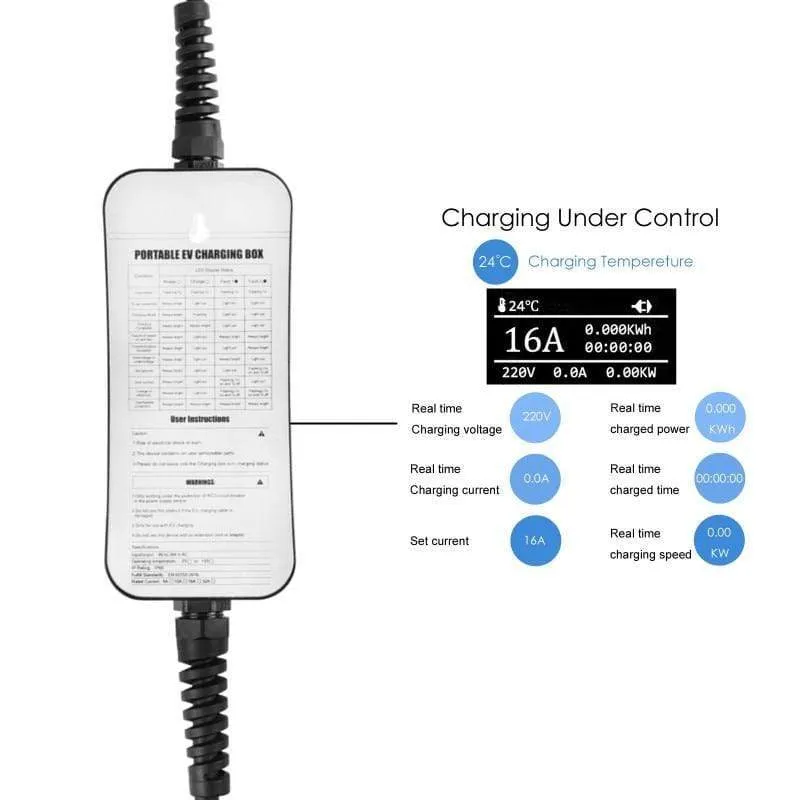 Tragbares 220-V-EV-Ladegerät SAE J1772 Typ 1 EVSE 8A 10A 13A 16A Einstellbarer Strom Elektrische Auto-Ladestation IP65