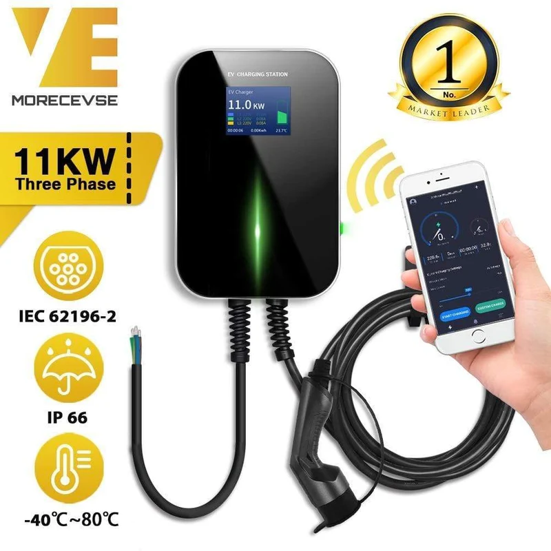 APP EV Ladegerät Ladestation für Elektrofahrzeuge Wi-Fi Bluetooth EVSE Wallbox Fernbedienung Typ 2 Kabel16A 3Phase IEC 62196-2