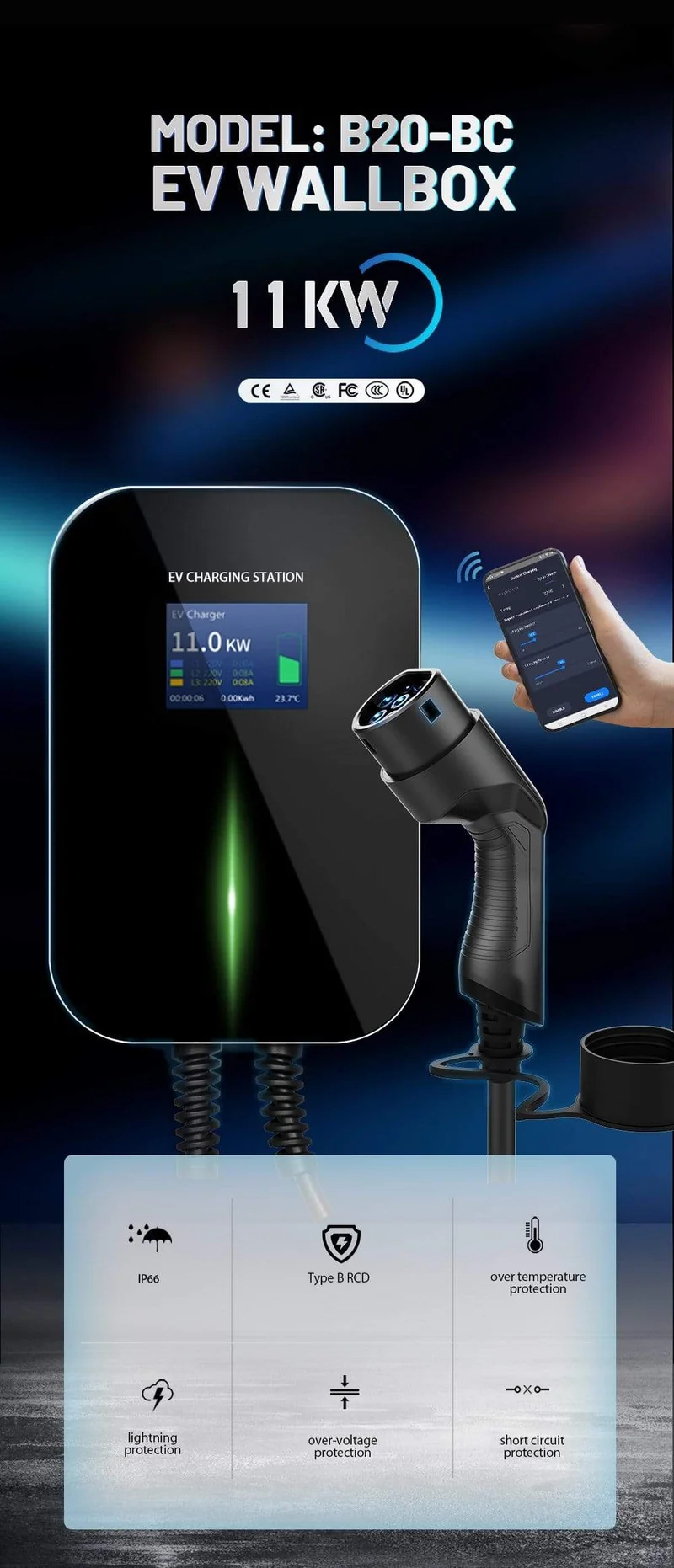 APP EV Ladegerät Ladestation für Elektrofahrzeuge Wi-Fi Bluetooth EVSE Wallbox Fernbedienung Typ 2 Kabel16A 3Phase IEC 62196-2