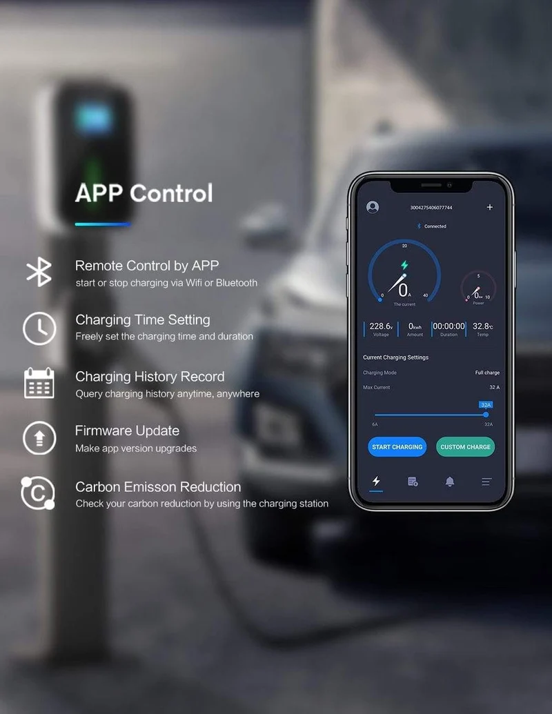 APP EV Ladegerät Ladestation für Elektrofahrzeuge Wi-Fi Bluetooth EVSE Wallbox Fernbedienung Typ 2 Kabel16A 3Phase IEC 62196-2