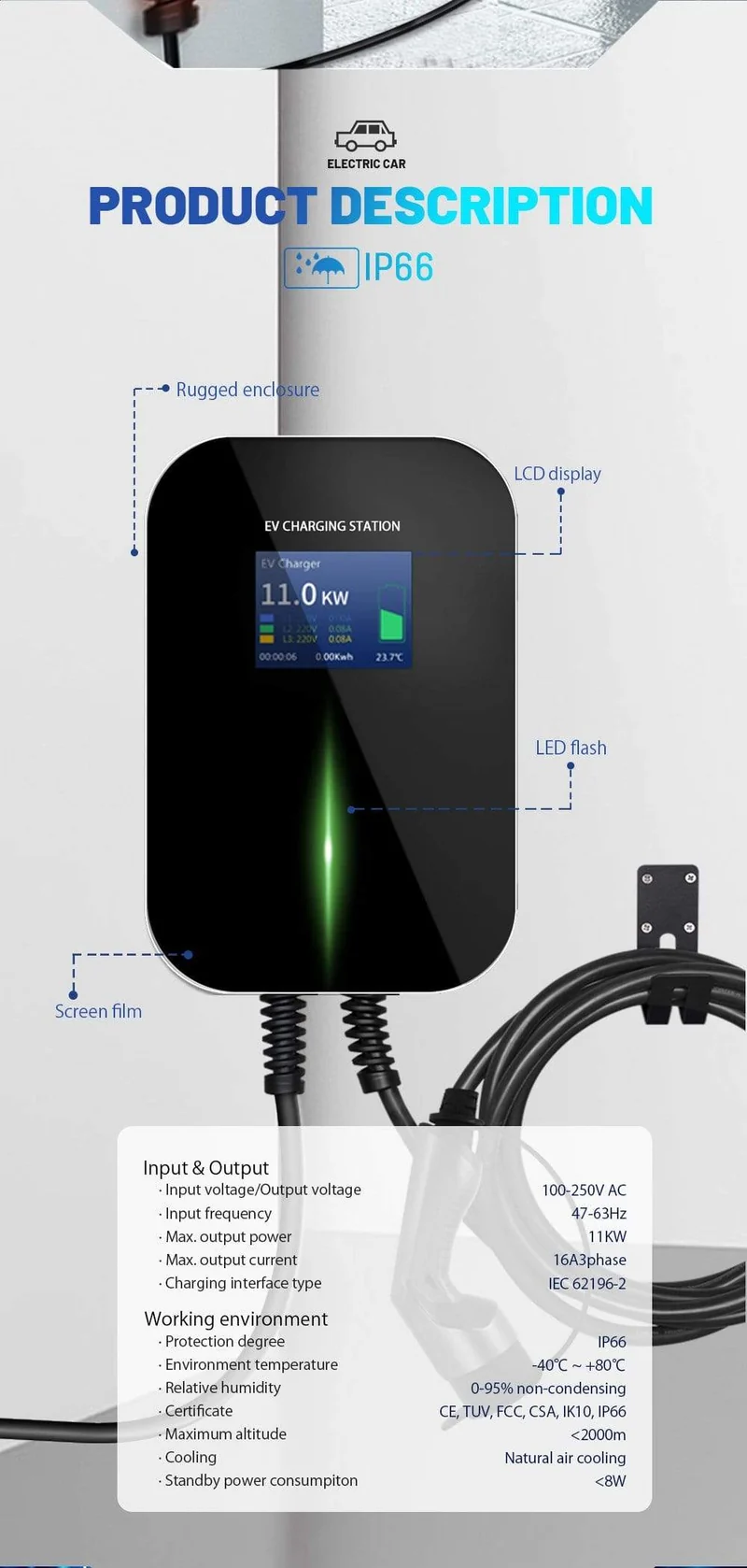 APP EV Ladegerät Ladestation für Elektrofahrzeuge Wi-Fi Bluetooth EVSE Wallbox Fernbedienung Typ 2 Kabel16A 3Phase IEC 62196-2