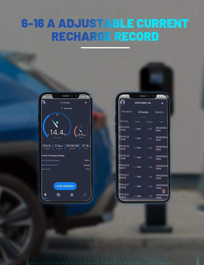 APP EV Ladegerät Ladestation für Elektrofahrzeuge Wi-Fi Bluetooth EVSE Wallbox Fernbedienung Typ 2 Kabel16A 3Phase IEC 62196-2