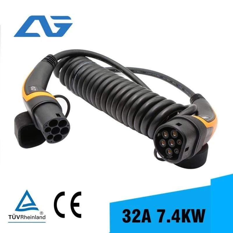 32A EV-Ladekabel 7 kW Typ 2 auf Typ 2 IEC 62196 EV-Ladestecker mit 5 Meter Spiralkabel TÜV/UL Mennekes 2 Stecker