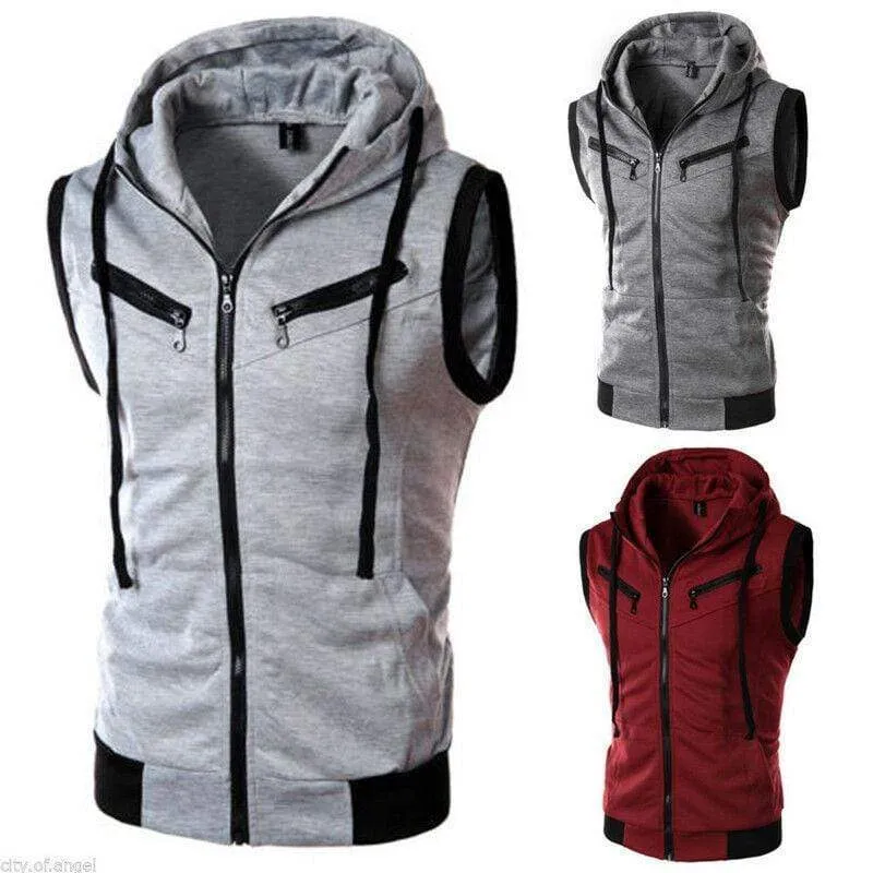 Herren Kapuzenpullover mit Reißverschluss, ärmellos, lässig, Sweatshirt, Hoodies, Jacke, Weste, Westen, Top