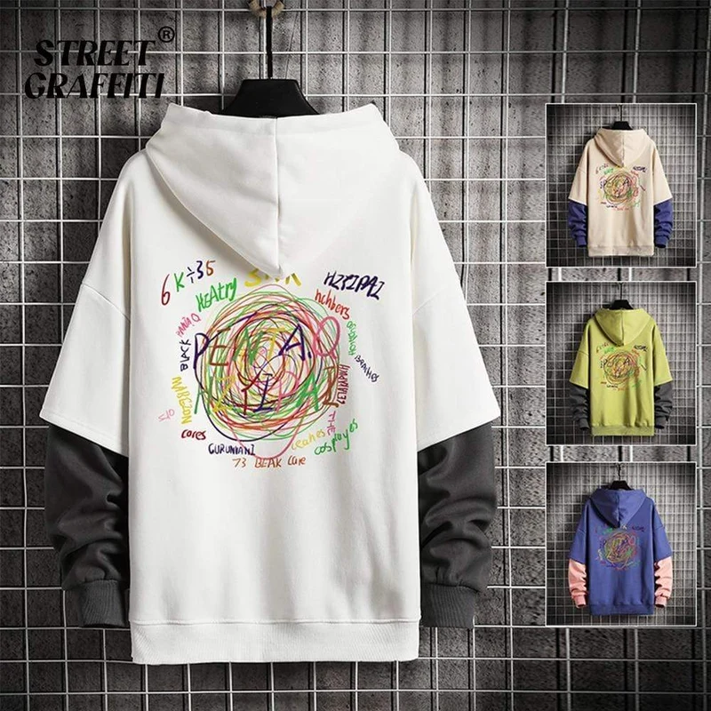 Sweatshirts Hoodie Harajuku Vintage Painted Style Splicing Hip Hop Kreativität Streetwear Männliche Baumwolle Männer Hoodies