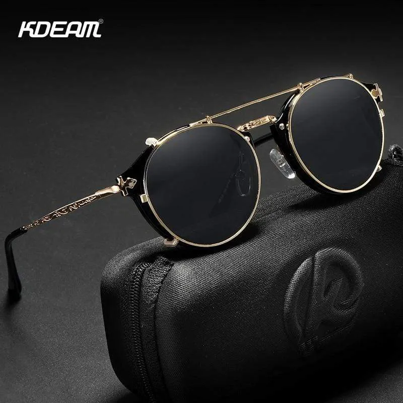 Retro Steampunk Runde Clip-On Sonnenbrille Herren Damen Doppelschicht Abnehmbare Linse Barock Geschnitzte Beine Brille UV400 Mit Box