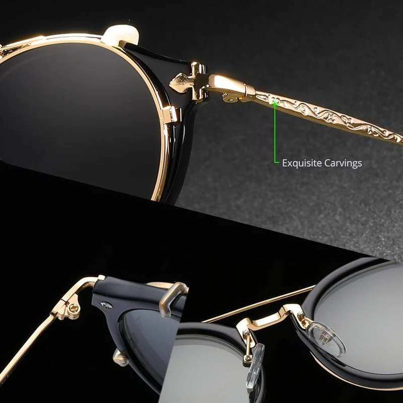 Retro Steampunk Runde Clip-On Sonnenbrille Herren Damen Doppelschicht Abnehmbare Linse Barock Geschnitzte Beine Brille UV400 Mit Box