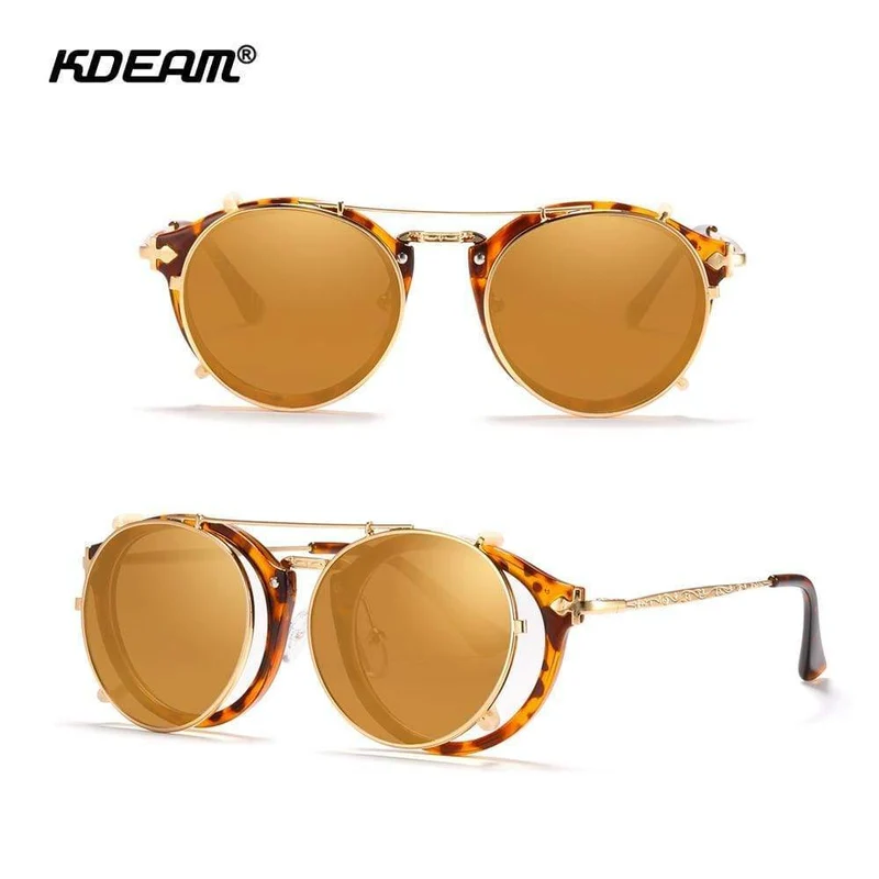 Retro Steampunk Runde Clip-On Sonnenbrille Herren Damen Doppelschicht Abnehmbare Linse Barock Geschnitzte Beine Brille UV400 Mit Box