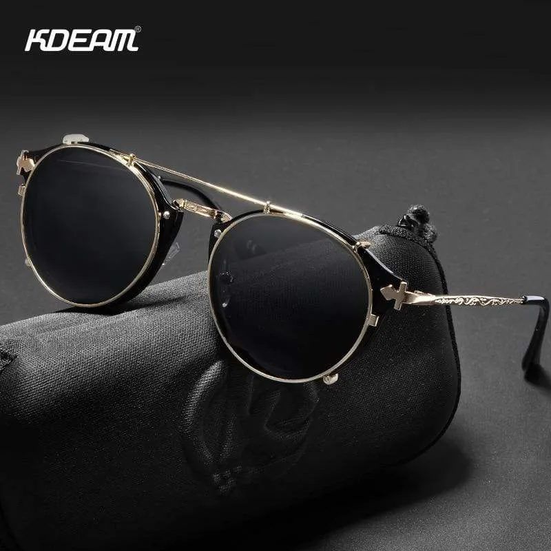 Retro Steampunk Runde Clip-On Sonnenbrille Herren Damen Doppelschicht Abnehmbare Linse Barock Geschnitzte Beine Brille UV400 Mit Box