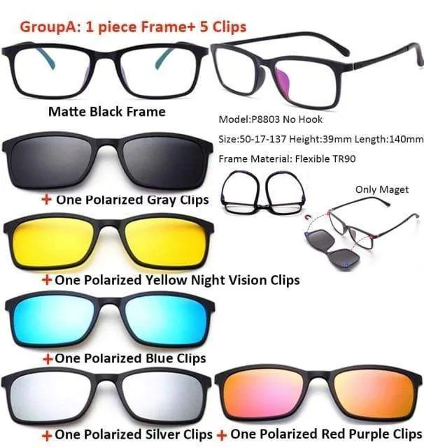 5 in 1 Clip On Sonnenbrille Männer Polarisierte Magnet Gläser Magnetische Clips Rezept Optische Rahmen Spektakel Frauen Lesen
