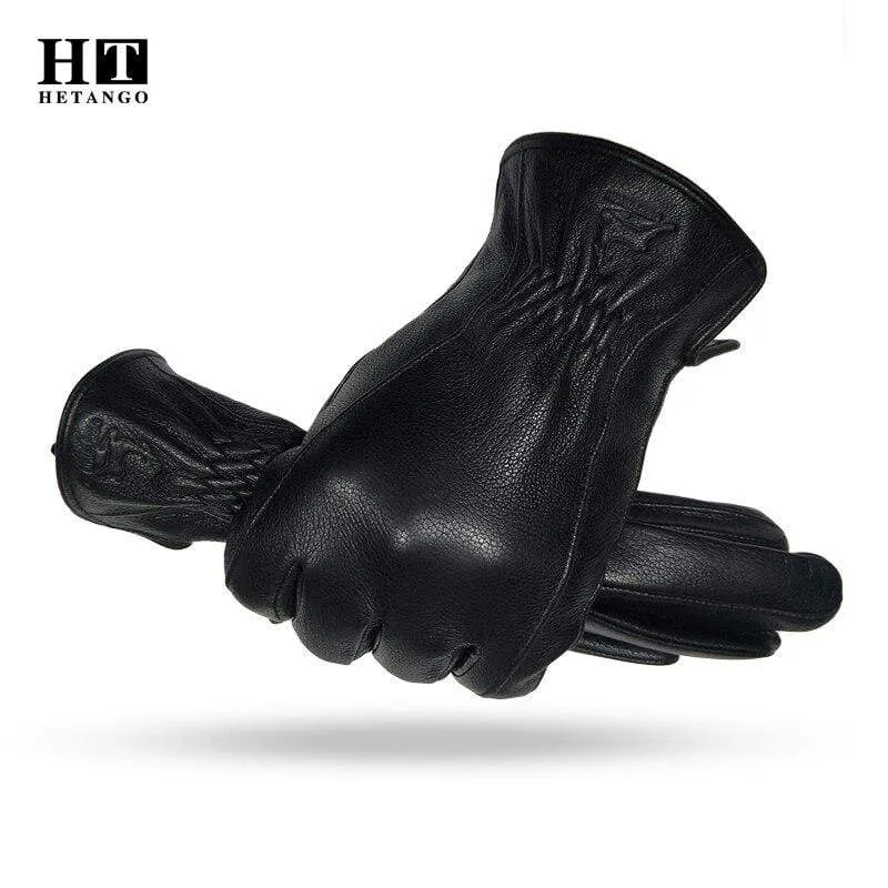Winterhandschuhe aus Leder für Herren, warm, weich, schwarzes Wildleder, plissiertes Design, für den Außenbereich, Autofahrhandschuhe, Fäustlinge, Wollfutter