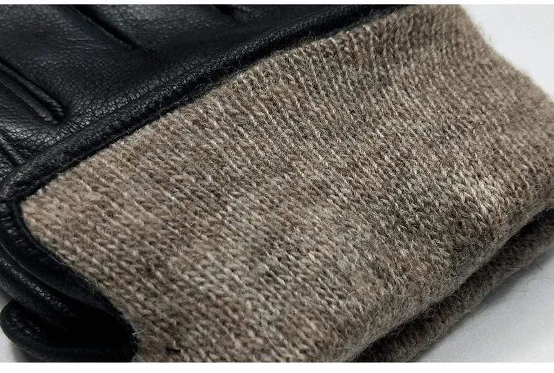 Winterhandschuhe aus Leder für Herren, warm, weich, schwarzes Wildleder, plissiertes Design, für den Außenbereich, Autofahrhandschuhe, Fäustlinge, Wollfutter
