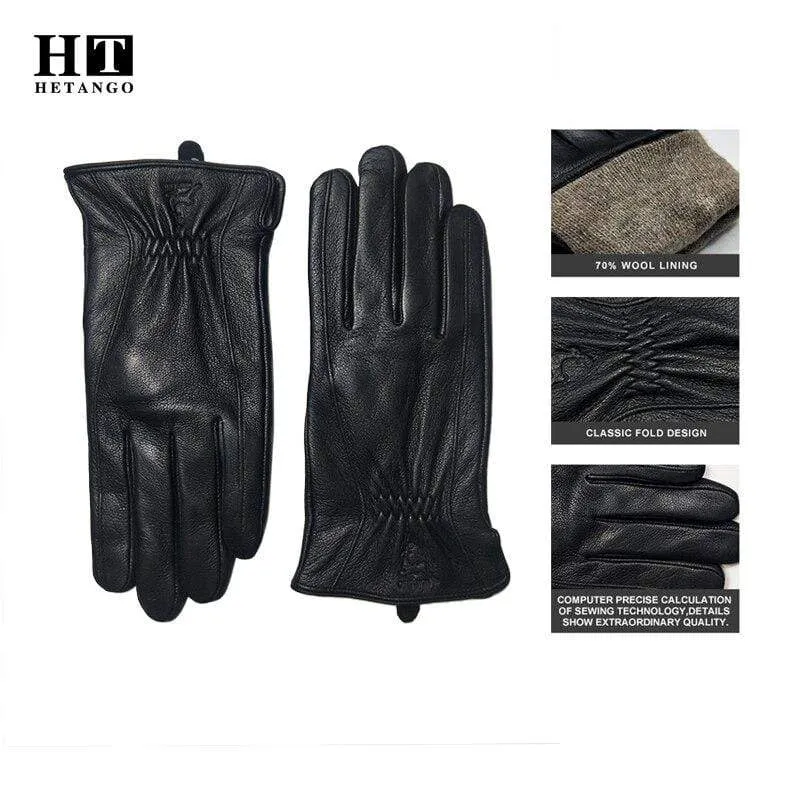 Winterhandschuhe aus Leder für Herren, warm, weich, schwarzes Wildleder, plissiertes Design, für den Außenbereich, Autofahrhandschuhe, Fäustlinge, Wollfutter