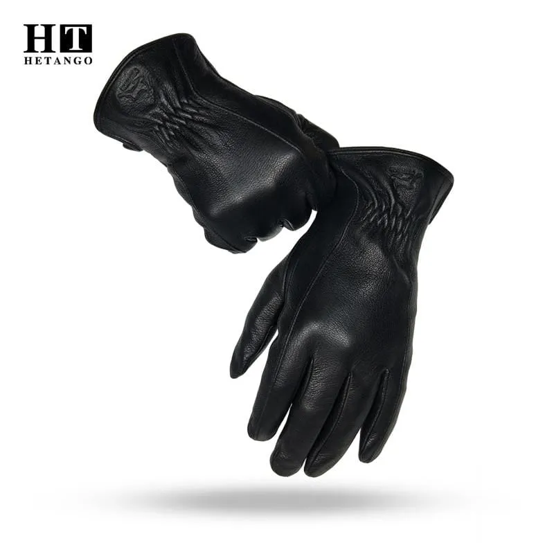 Winterhandschuhe aus Leder für Herren, warm, weich, schwarzes Wildleder, plissiertes Design, für den Außenbereich, Autofahrhandschuhe, Fäustlinge, Wollfutter