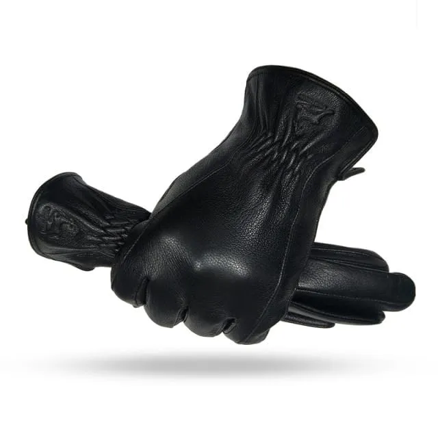 Winterhandschuhe aus Leder für Herren, warm, weich, schwarzes Wildleder, plissiertes Design, für den Außenbereich, Autofahrhandschuhe, Fäustlinge, Wollfutter