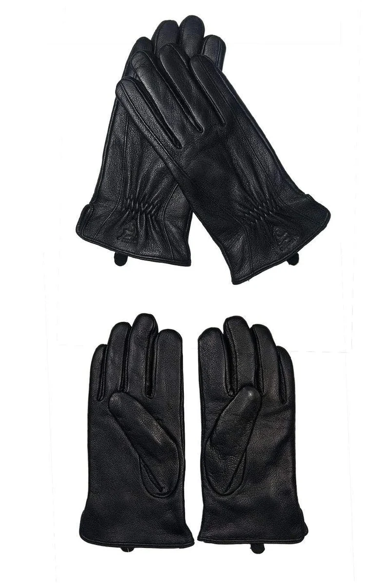 Winterhandschuhe aus Leder für Herren, warm, weich, schwarzes Wildleder, plissiertes Design, für den Außenbereich, Autofahrhandschuhe, Fäustlinge, Wollfutter