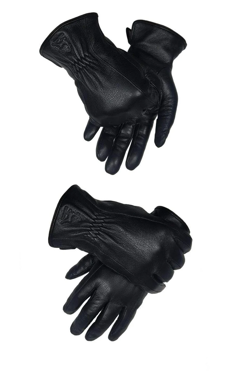 Winterhandschuhe aus Leder für Herren, warm, weich, schwarzes Wildleder, plissiertes Design, für den Außenbereich, Autofahrhandschuhe, Fäustlinge, Wollfutter
