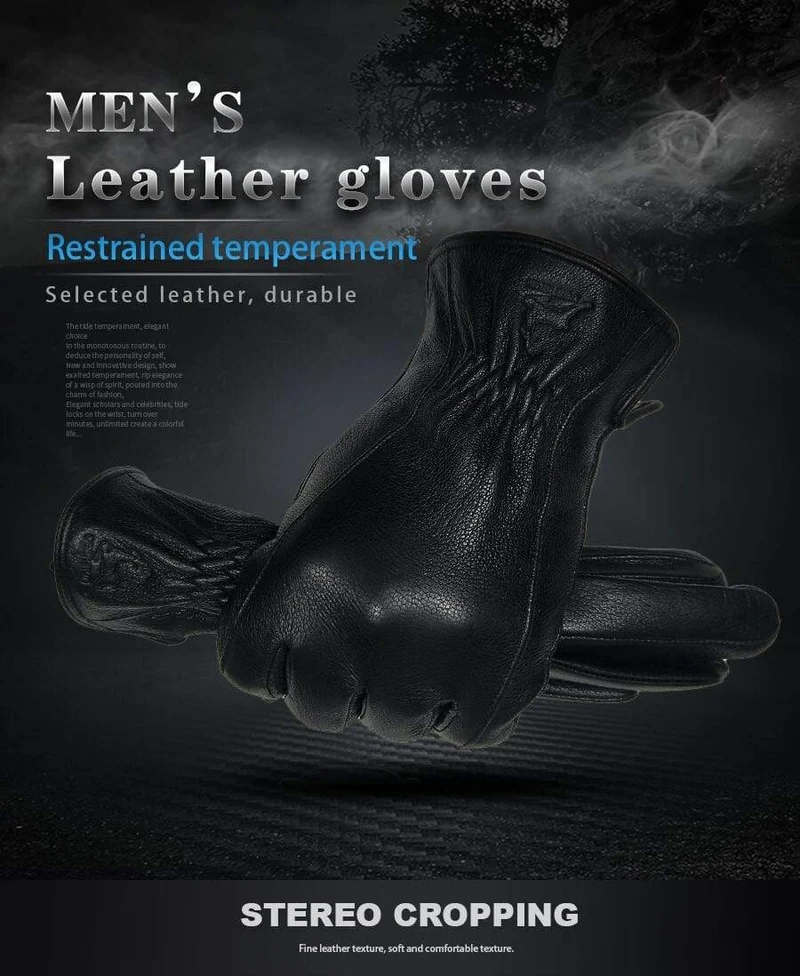 Winterhandschuhe aus Leder für Herren, warm, weich, schwarzes Wildleder, plissiertes Design, für den Außenbereich, Autofahrhandschuhe, Fäustlinge, Wollfutter
