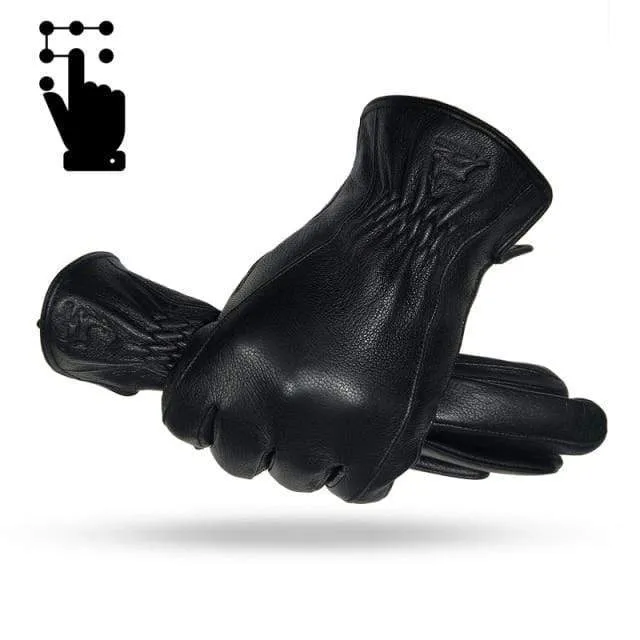 Winterhandschuhe aus Leder für Herren, warm, weich, schwarzes Wildleder, plissiertes Design, für den Außenbereich, Autofahrhandschuhe, Fäustlinge, Wollfutter