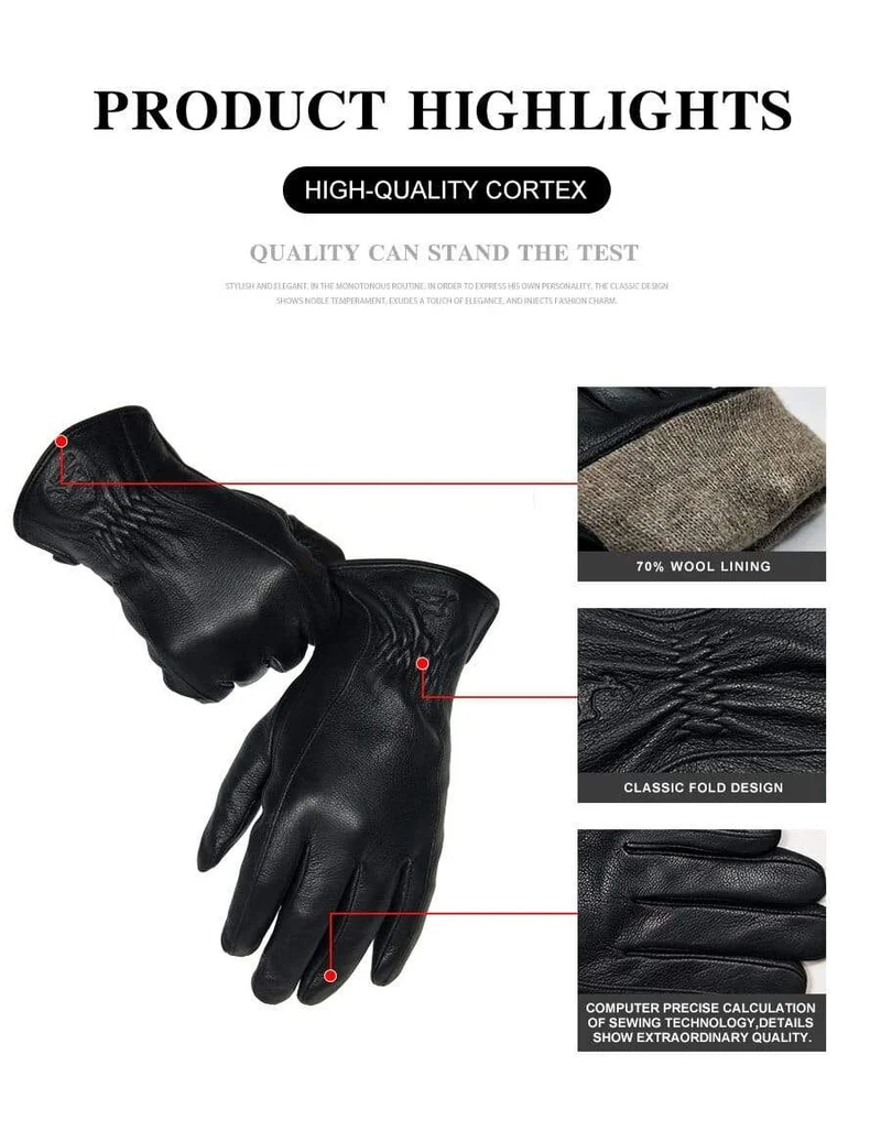 Winterhandschuhe aus Leder für Herren, warm, weich, schwarzes Wildleder, plissiertes Design, für den Außenbereich, Autofahrhandschuhe, Fäustlinge, Wollfutter