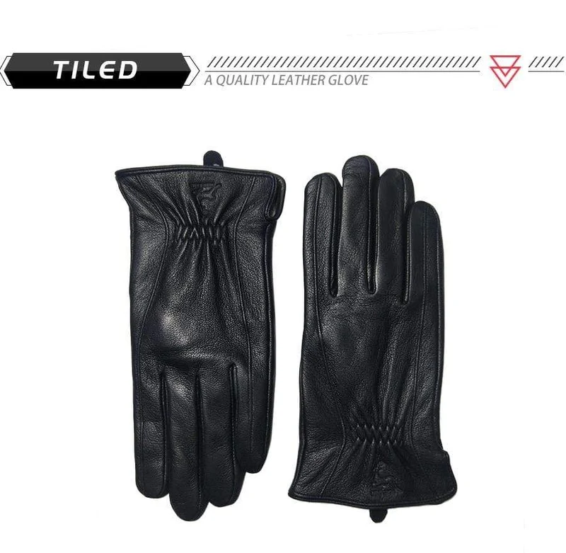 Winterhandschuhe aus Leder für Herren, warm, weich, schwarzes Wildleder, plissiertes Design, für den Außenbereich, Autofahrhandschuhe, Fäustlinge, Wollfutter