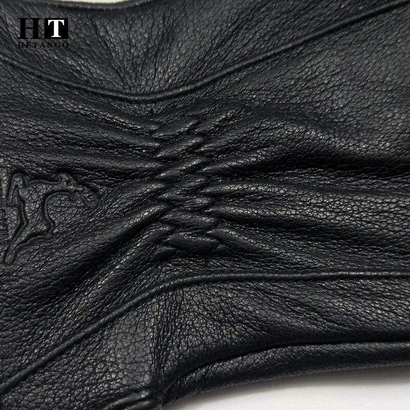 Winterhandschuhe aus Leder für Herren, warm, weich, schwarzes Wildleder, plissiertes Design, für den Außenbereich, Autofahrhandschuhe, Fäustlinge, Wollfutter