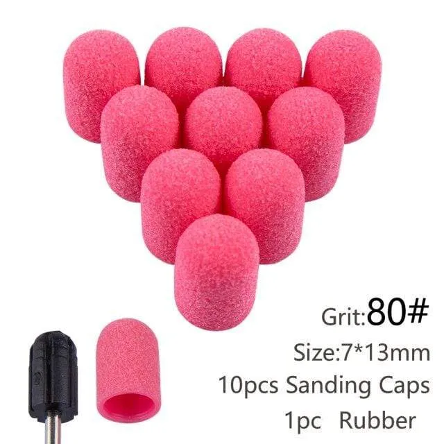 10 Stück Nagel-Schleifkappen mit Gummi-Gel-Nagellack-Entferner, Nagelbohrer, Mühle, Schleifsandkappe, Pediküre-Werkzeug für Maniküre-Maschine