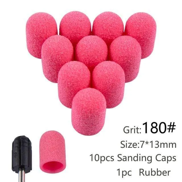 10 Stück Nagel-Schleifkappen mit Gummi-Gel-Nagellack-Entferner, Nagelbohrer, Mühle, Schleifsandkappe, Pediküre-Werkzeug für Maniküre-Maschine