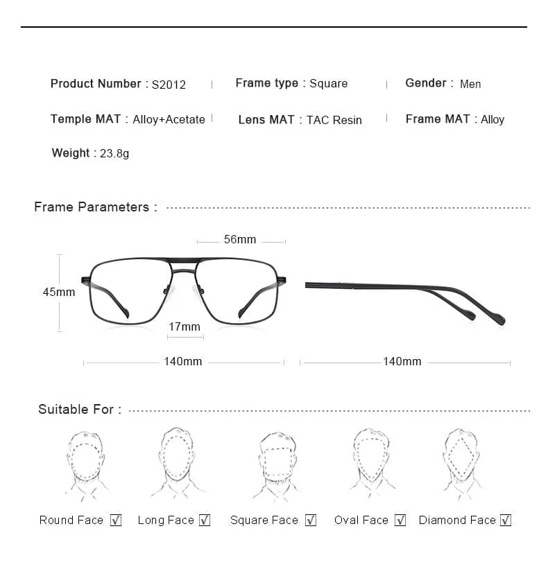 Männer Klassische Quadratische Gläser Optik Rahmen Luxus Doppel Brücke Brillen Rahmen Optische Brillen S2012