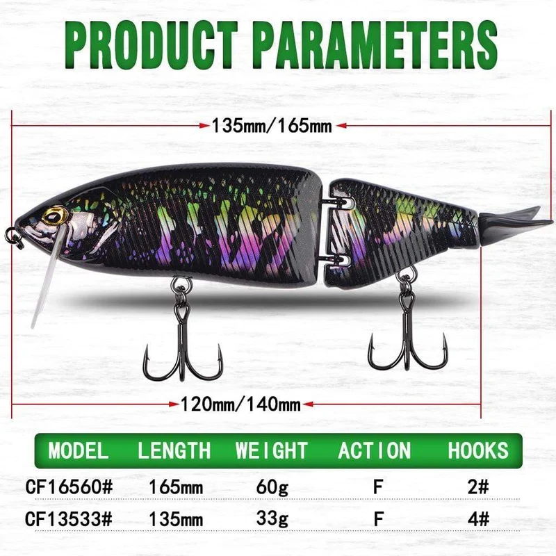 Angelköder, 1 Stück, 165 mm, 60 g, 17 Farben, mit Gelenk, Bass, Schwimmen, harter Köder, Hecht, leuchtend
