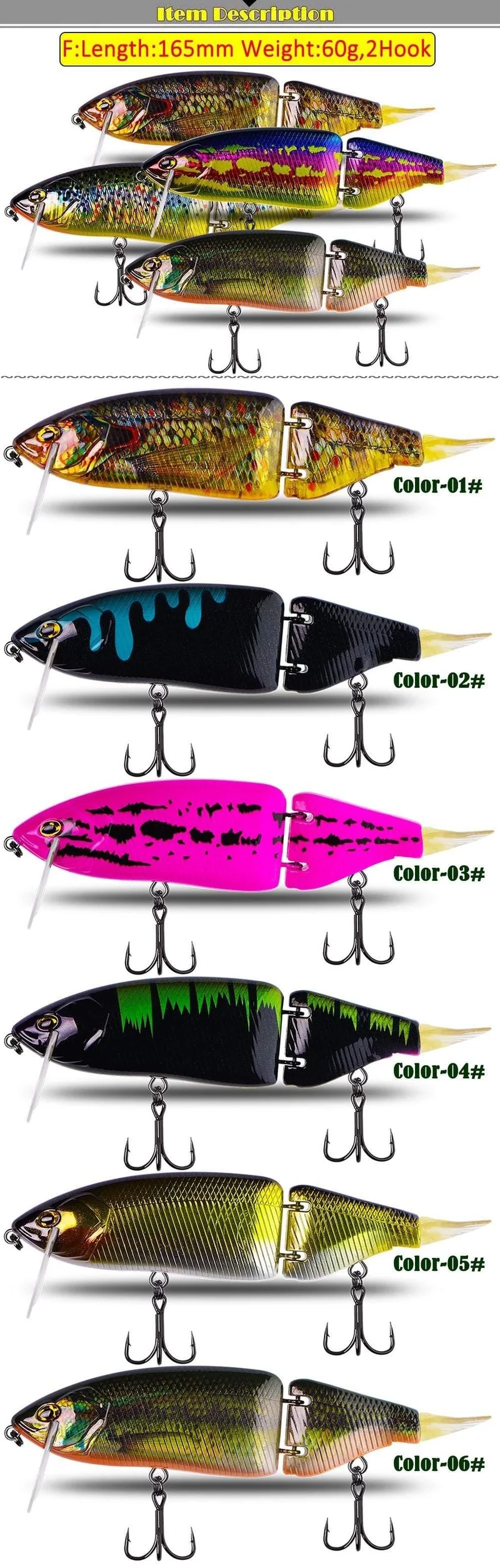 Angelköder, 1 Stück, 165 mm, 60 g, 17 Farben, mit Gelenk, Bass, Schwimmen, harter Köder, Hecht, leuchtend