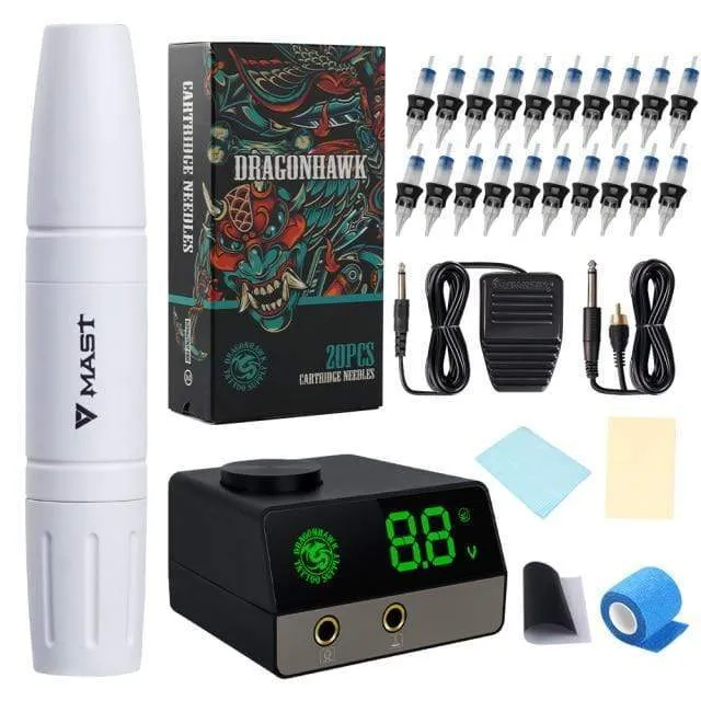 Zwei-Stoke-Längen-Rotationsmast Magi White Tattoo Pen Machine Kit mit LCD-Stromversorgung, Silikonhülle, Patronennadeln-Set