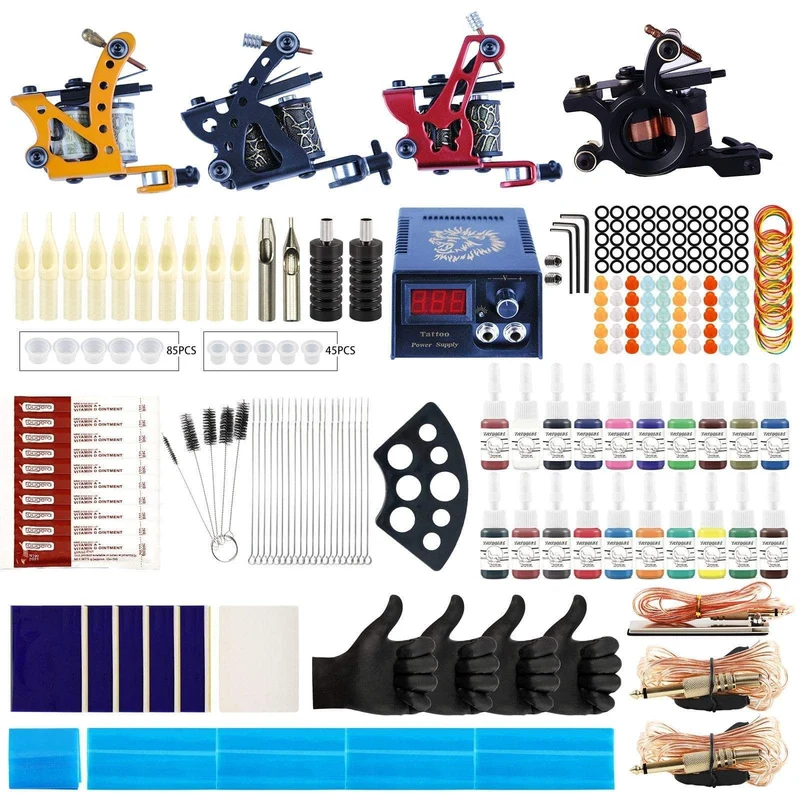 Tattoo-Set, Tattoo-Maschinen, Pistole mit Tinte, Netzteil, Tattoo-Griffe, komplettes Tattoo-Set, Zubehör, Zubehör, Body-Art-Tools