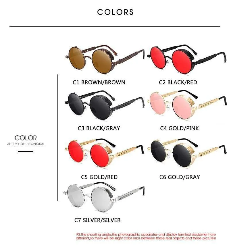 Klassische runde Sonnenbrille im Gothic-Steampunk-Stil für Herren und Damen, Markendesigner, Retro, runder Metallrahmen, bunte Gläser, Sonnenbrille