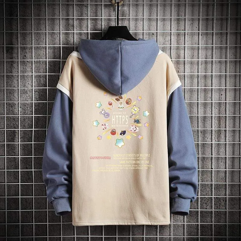 Casual Sweatshirts Hoodie Harajuku Vintage Painted Style Splicing Hip Hop Kreativität Streetwear Männlich 2021 Baumwolle Männer Hoodies