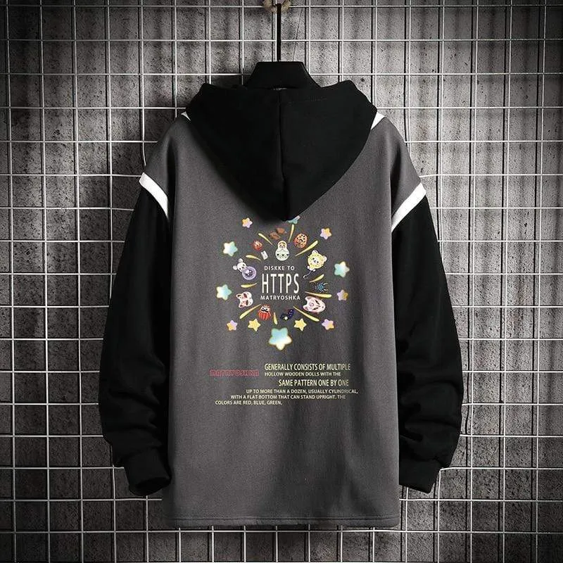 Casual Sweatshirts Hoodie Harajuku Vintage Painted Style Splicing Hip Hop Kreativität Streetwear Männlich 2021 Baumwolle Männer Hoodies