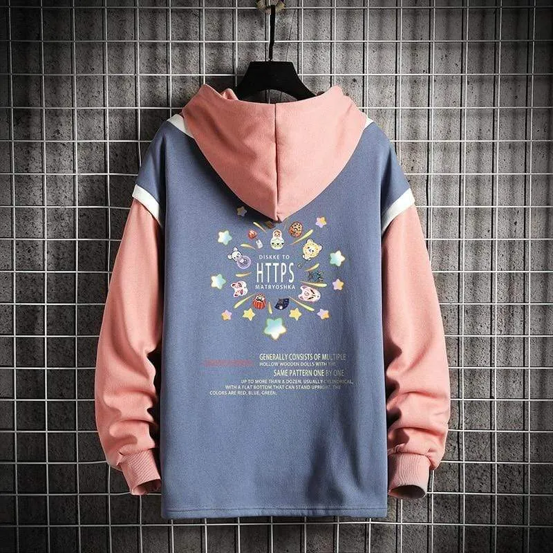Casual Sweatshirts Hoodie Harajuku Vintage Painted Style Splicing Hip Hop Kreativität Streetwear Männlich 2021 Baumwolle Männer Hoodies