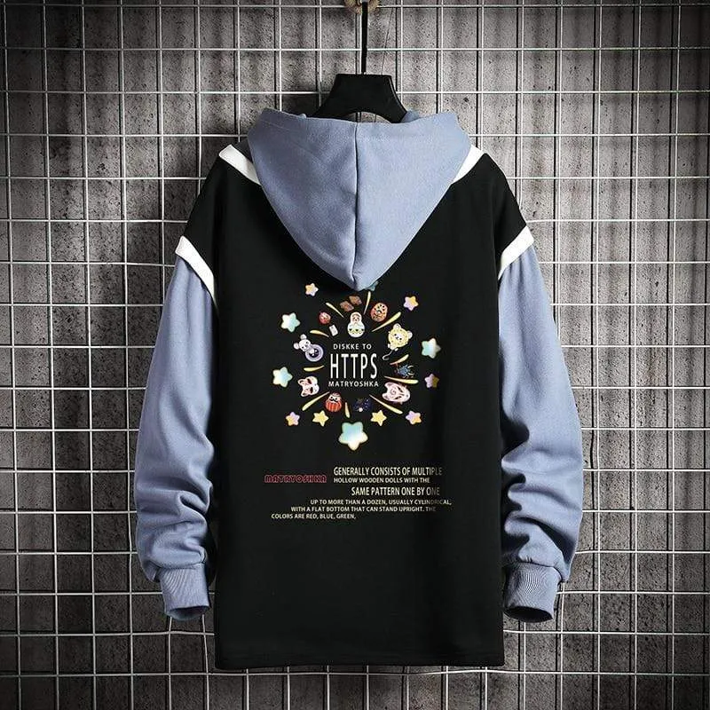 Casual Sweatshirts Hoodie Harajuku Vintage Painted Style Splicing Hip Hop Kreativität Streetwear Männlich 2021 Baumwolle Männer Hoodies