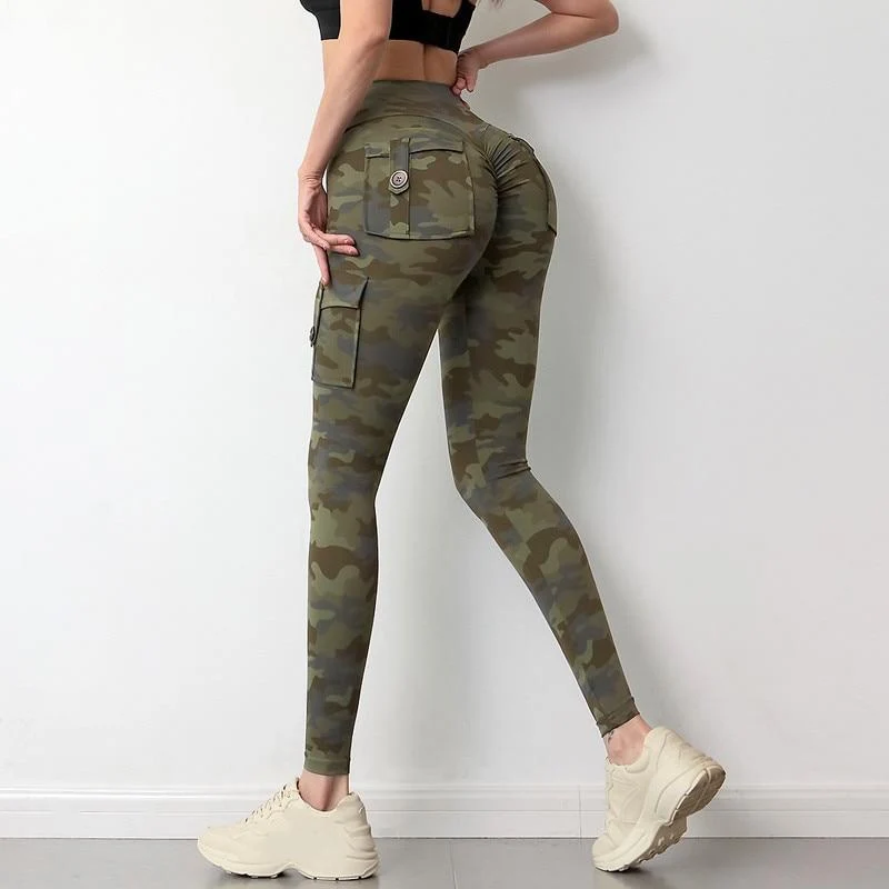 Camouflage Yoga Hosen Frauen Fitness Leggings Workout Sport Mit Tasche Sexy Push Up Gym Wear Elastische Dünne Hosen MITAOGIRL