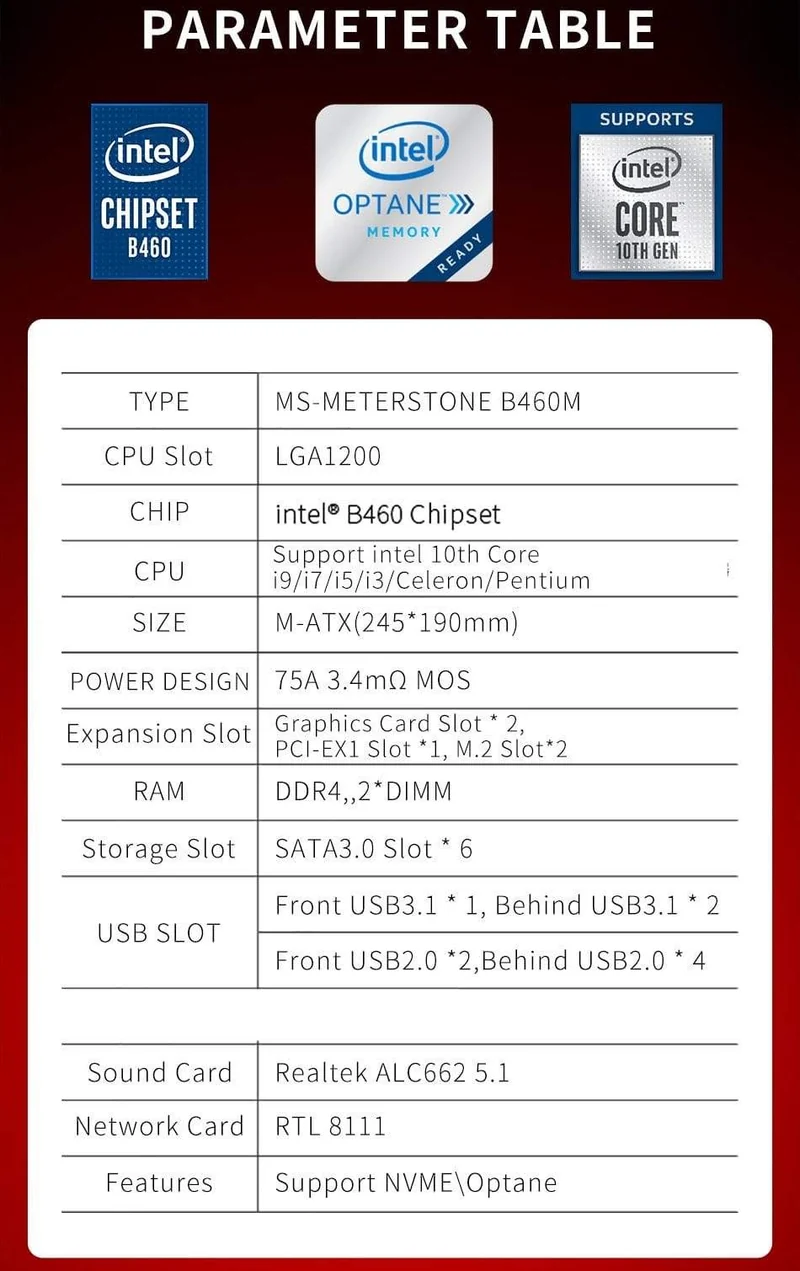 Motherboard Meterstone B460M USB3.1*3 LGA1200 M-ATX SATA 3.0 PCI-E NVME unterstützt Intel 10th Core PCIE 16X Alloy Armor Slot