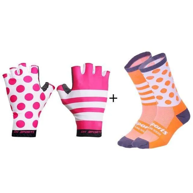 Stilvolle Fahrradhandschuhe Halbfinger Herren Damen Sport stoßfeste Fahrradhandschuhe GEL Racing Fahrradhandschuhe mit Radsocken Kappenset